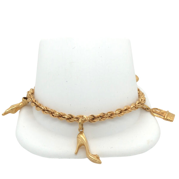14K Yellow Gold Rope Chain Charm Bracelet with 5 Charms  CB0113