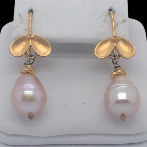 Designer Vermeil Earrings with Petal Decorated Hook and Pink Teardrop Pearls  CE0170