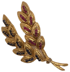 18K Yellow Gold Branches Pin with Blue and Pink Stones  CP0032