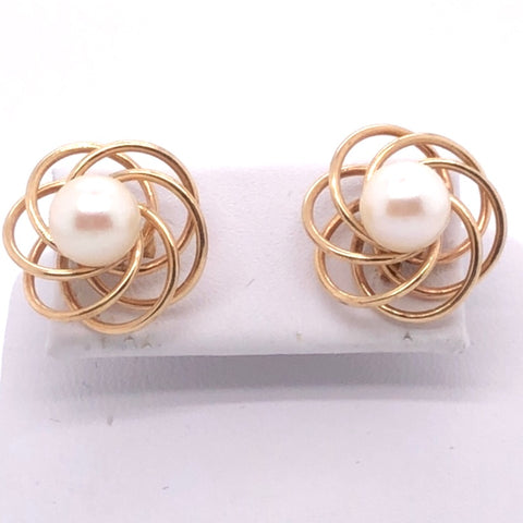 14K Yellow Gold Love Knot Earrings with Pearl  CE0192