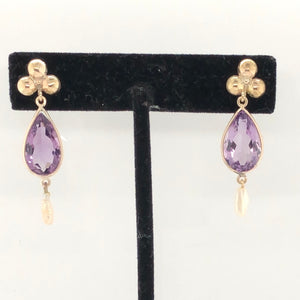 14K Yellow Gold Amethyst & Dog Tooth Pearl Dangle Earrings  CE0217