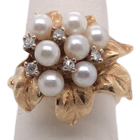 14K Yellow Gold Pearl Cluster & Diamond Ring  CR0293