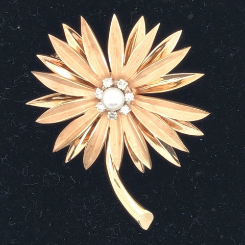14K Yellow Gold Floral Pin with Diamonds and a Pearl  CP0047