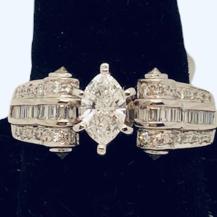 18K White Gold Multi Diamond & Marquise Center Engagement Ring  CR0267