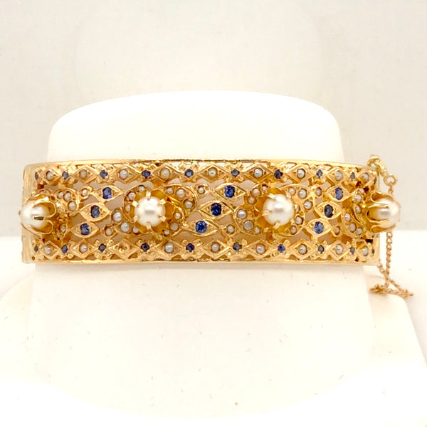 14K Yellow Gold Pearl Bracelet with Pearls & Blue Stone/Seed Pearl Accents CB0228