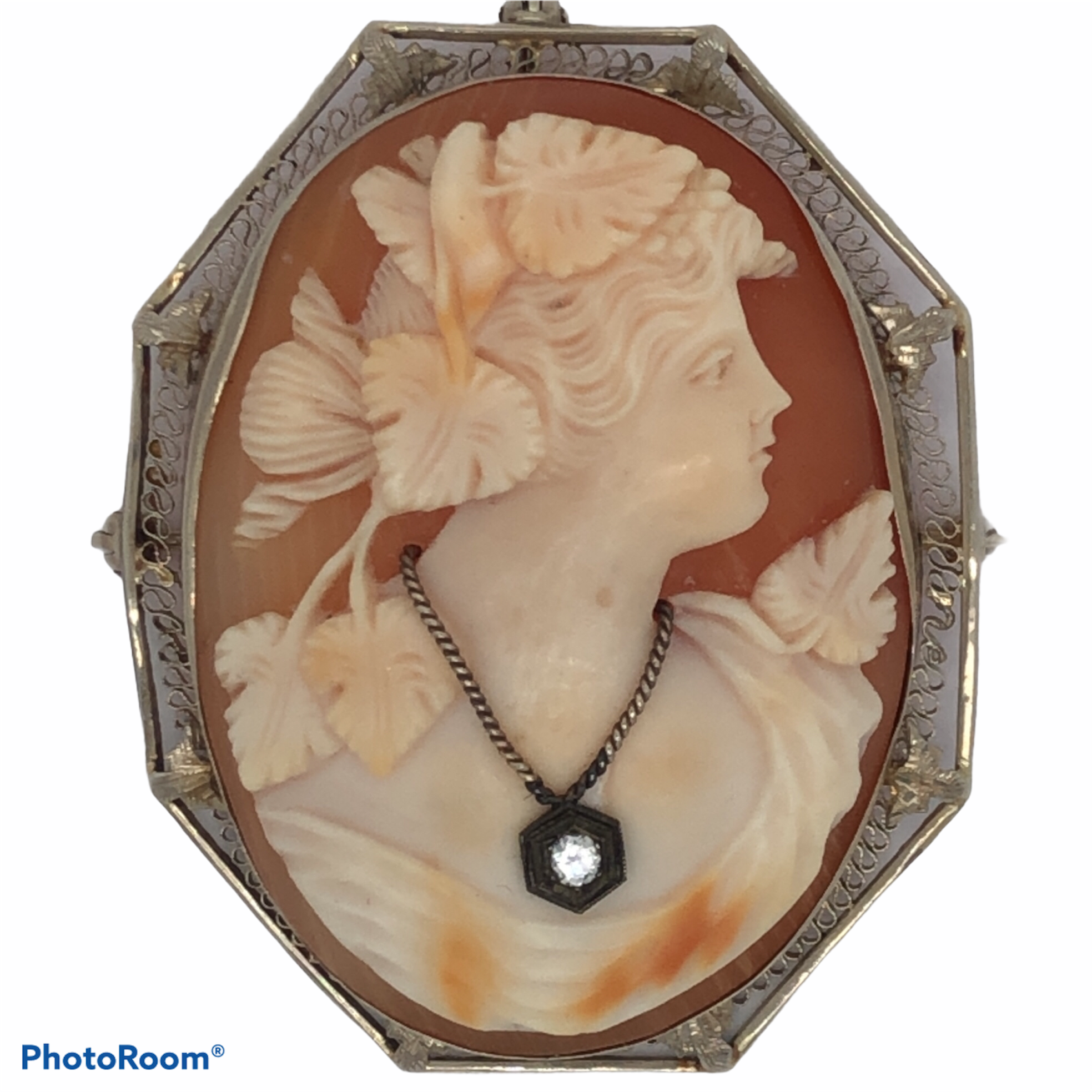 14K White Gold Brown Shell Cameo with Diamond Necklace  CP0026