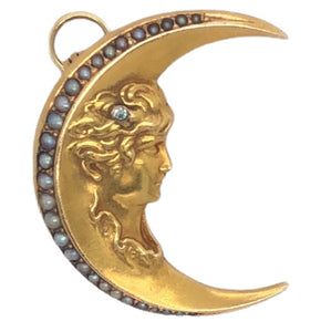Art Nouveau 14K Yellow Gold Moon Pendant with Seed Pearls  CPend0065