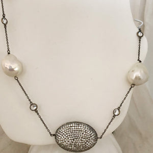 Sterling Silver Baroque Pearl Clear Stone Chain Necklace   CN0042