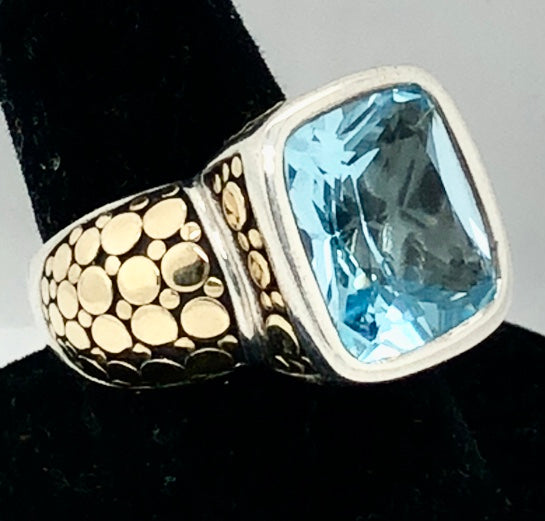 John Hardy Sterling Silver/18K Yellow Gold Blue Stone Ring  CR0335