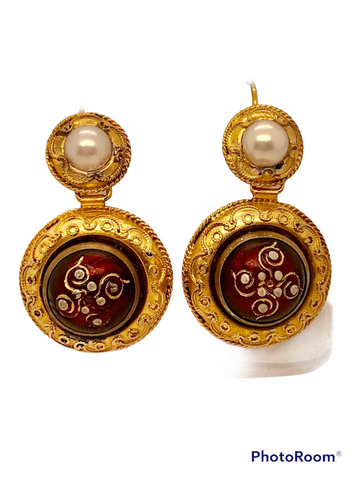 Antique 14K Yellow Gold Etruscan Revival Garnet Dangle Earrings  JSI0233
