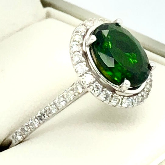 14K White Gold Ring with Green Siberian Chrome Diopside & Diamonds  CR0276