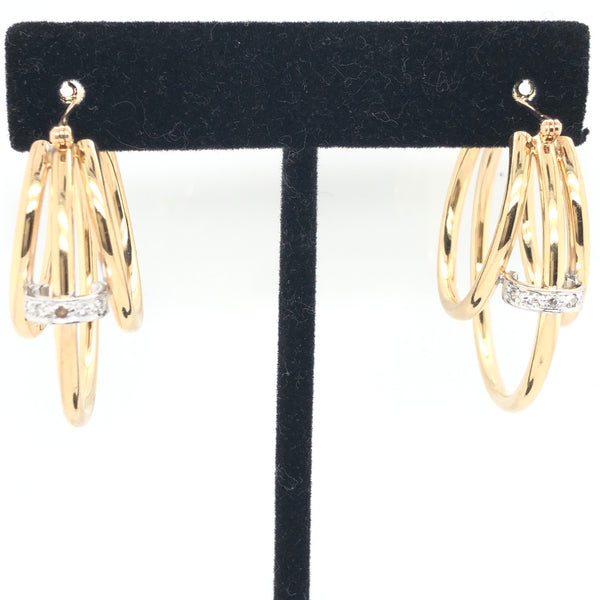 14K Yellow Gold 3 Ring Hoop Earrings with White Gold Diamond Accent  CE0189
