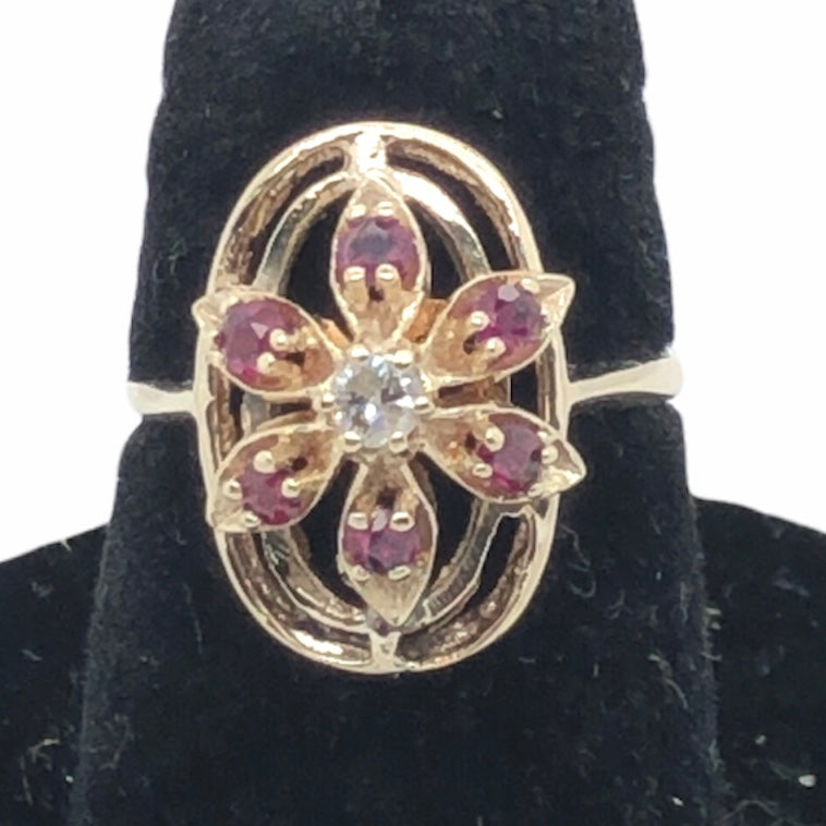 14K Yellow Gold Floral Ring with Pink Stones and Diamond  CR0229
