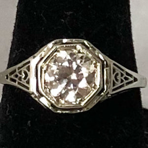 Vintage 18K White Gold Art Deco Filigree OC Diamond Ring  JSI0176