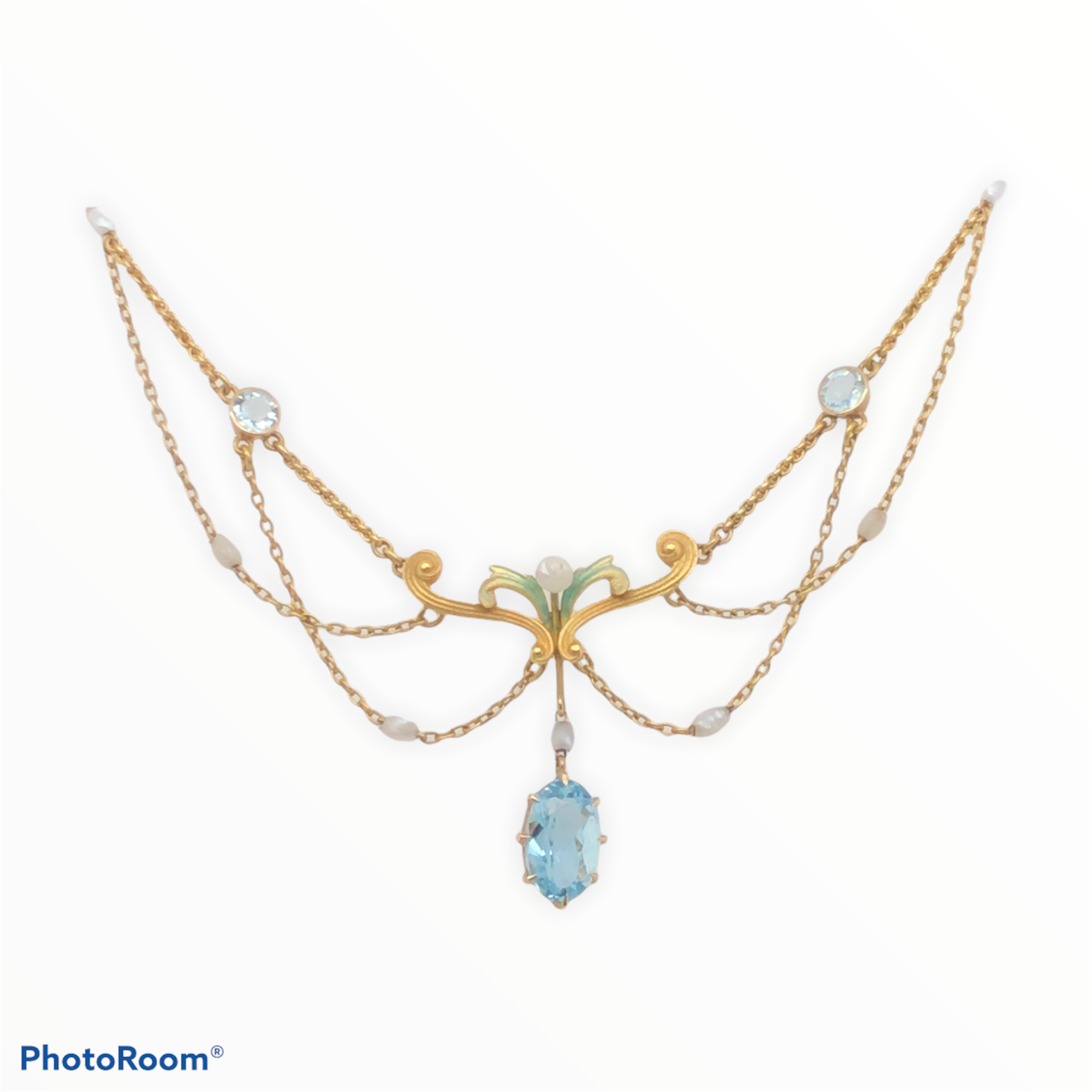 Art Nouveau 14K Yellow Gold Lavalier Necklace, Aquamarine, Pearls, and Enameling  SI0113